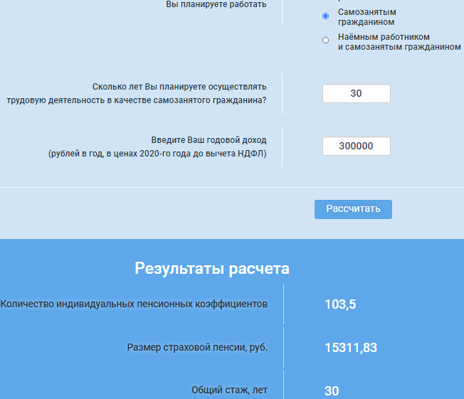 Пример расчета будущей пенсии на сайте ПФР, стаж 30 лет, доход 300 000 руб.