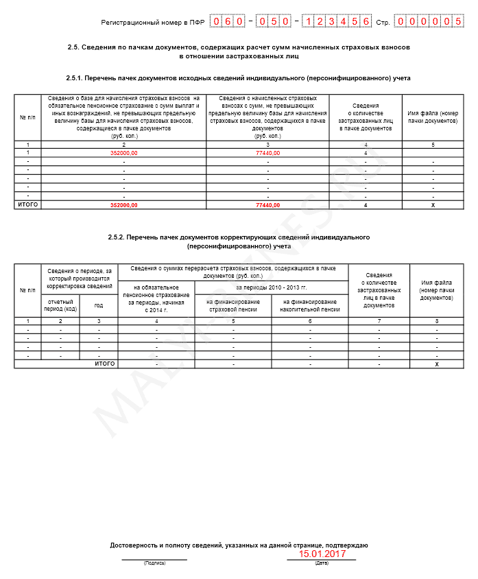 Образец заполнения формы РСВ-1 - Раздел 2.5 Расчет РСВ-1
