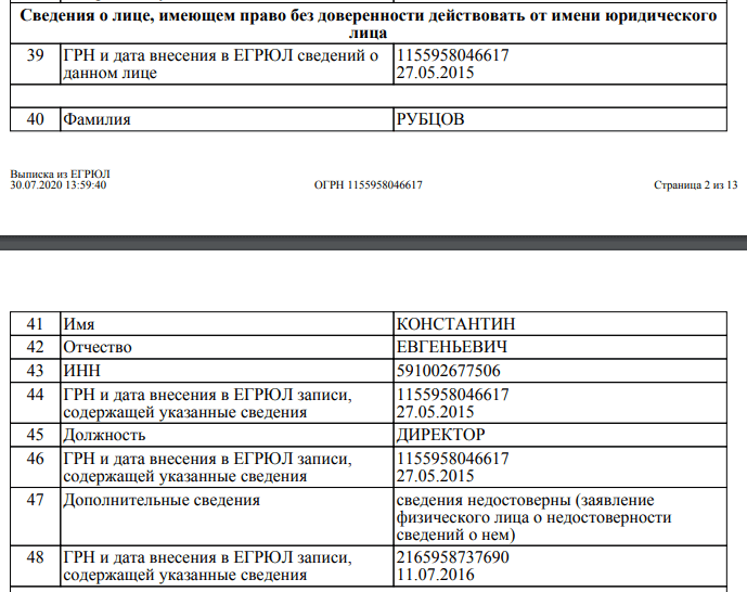 Сведения о лице, имеющем право без доверенности действовать от имени юридического лица, запись о недостоверности