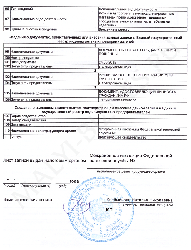 Образец листа записи ЕГРИП с номером ОГРНИП - Четвертая страница Лист ЕГРИП