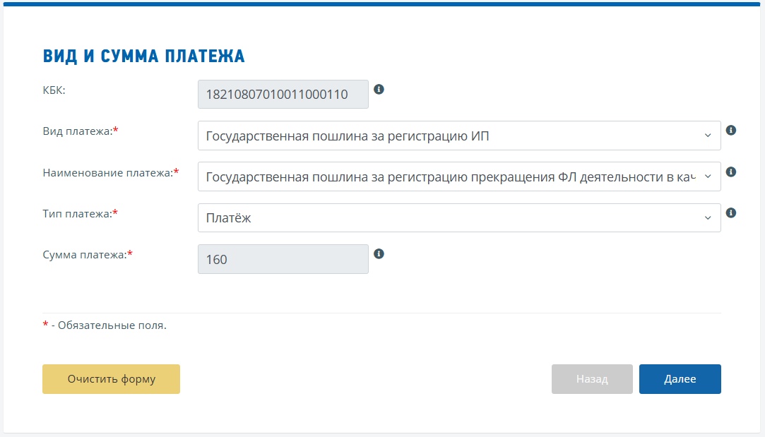 Инструкция по оплате госпошлины за закрытие ИП - Вид платежа