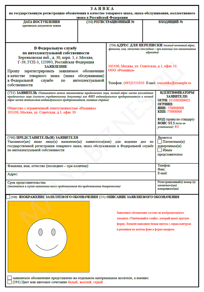 Заявка на регистрацию товарного знака образец